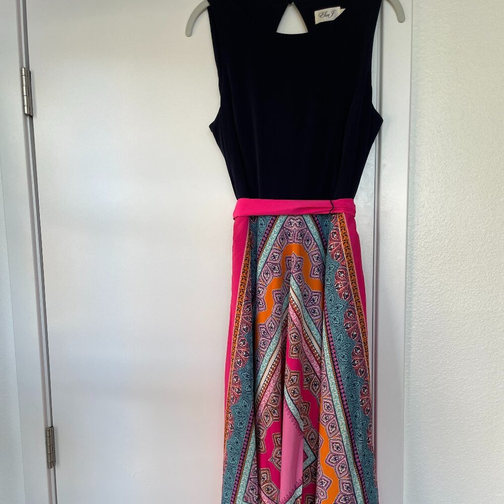 Eliza J Sleeveless Boho Maxi with Fuchsia Sash, Keyhole Back, 14P, EJ6P1530